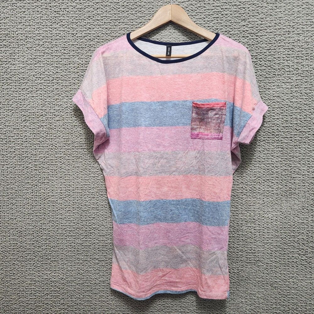 CASA LEE Women's Pink Blue Striped Pocket Short Sleeve Top Size L